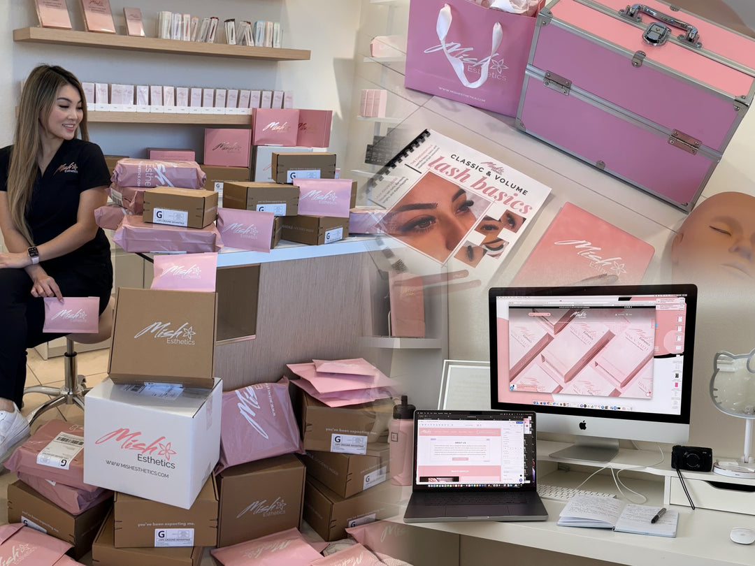 Lash supply store collection featuring lash glue, lash tweezers, and lash trays