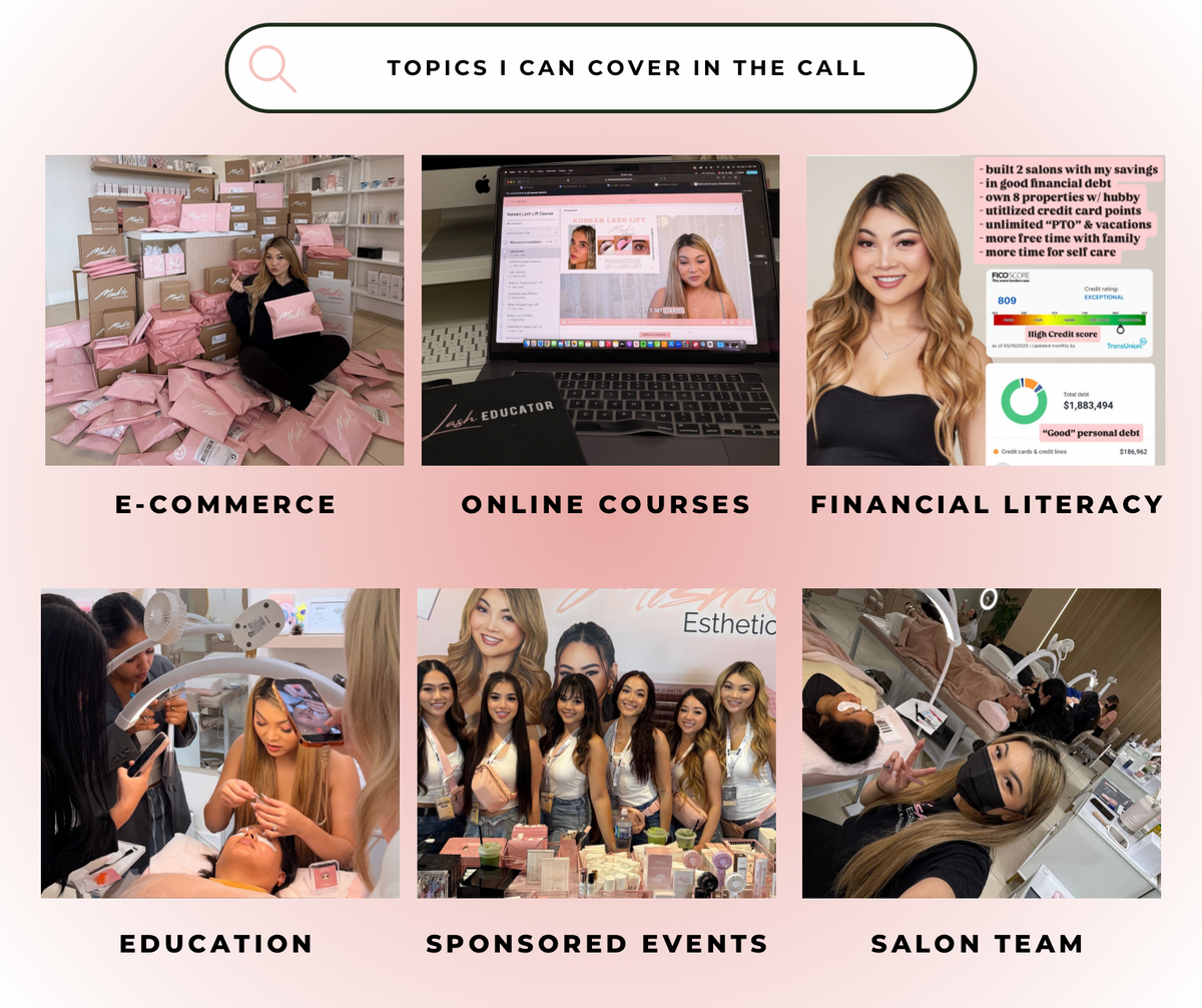 Coaching call topics: e-commerce, online courses, financial literacy, education, sponsored events and salon team