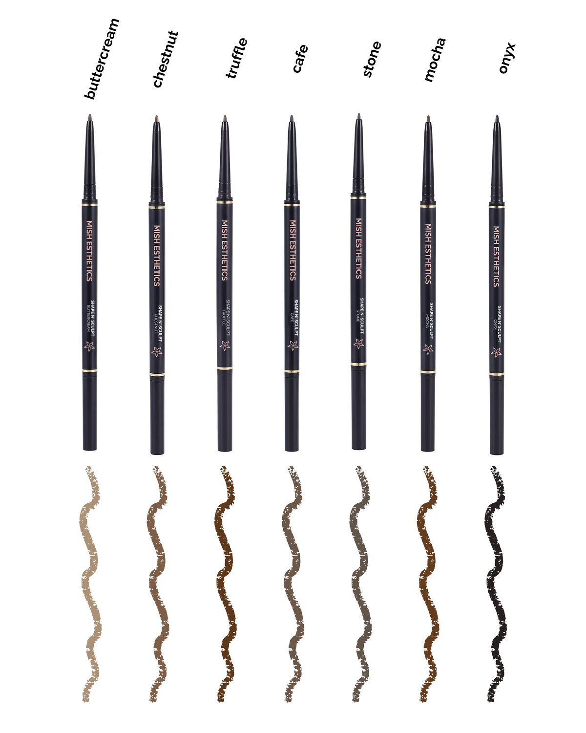 Shape N' Sculpt Slim Brow Pencils with swatches of every shade