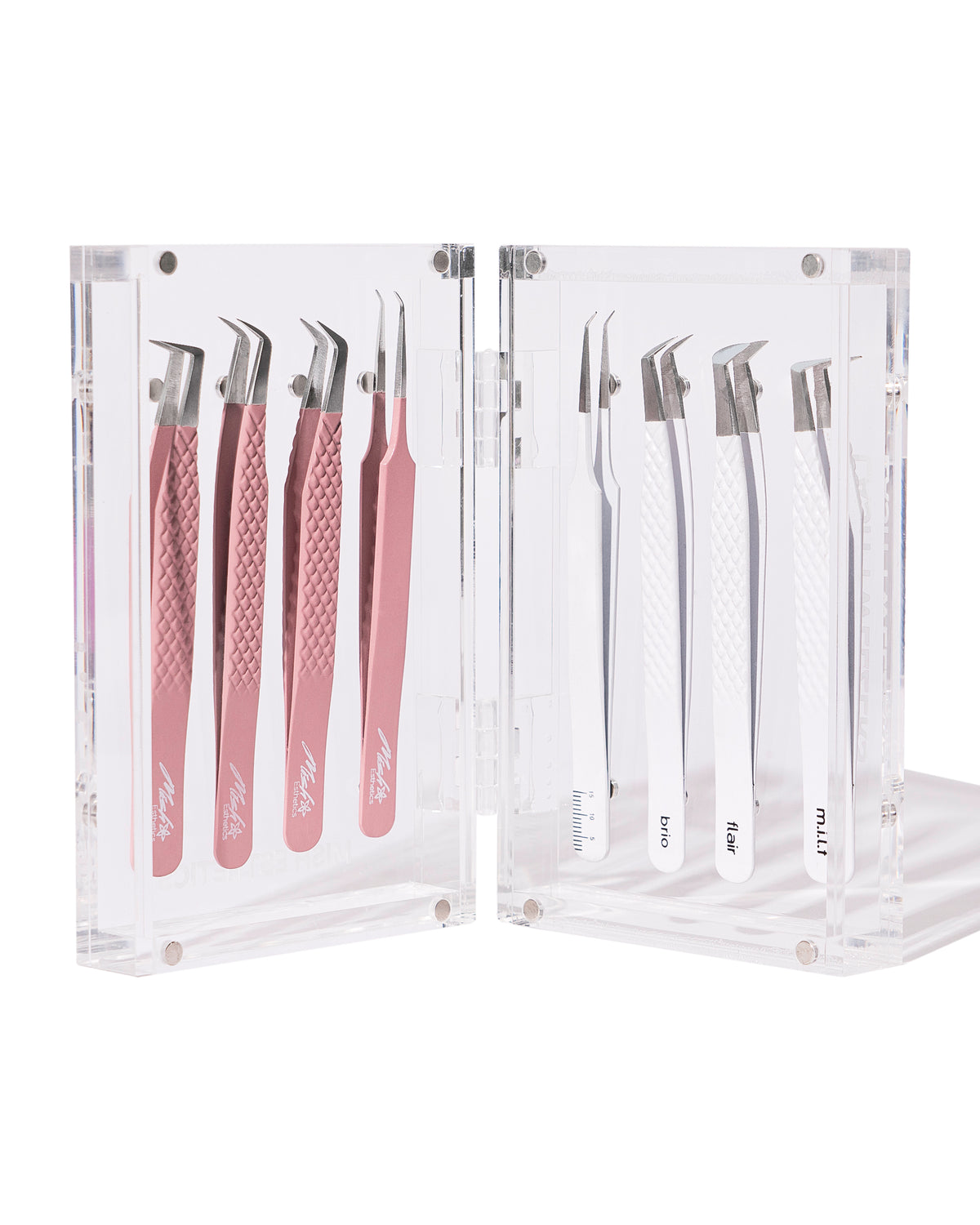 Magnetic Tweezer Cases in pink and white holding lash tweezers