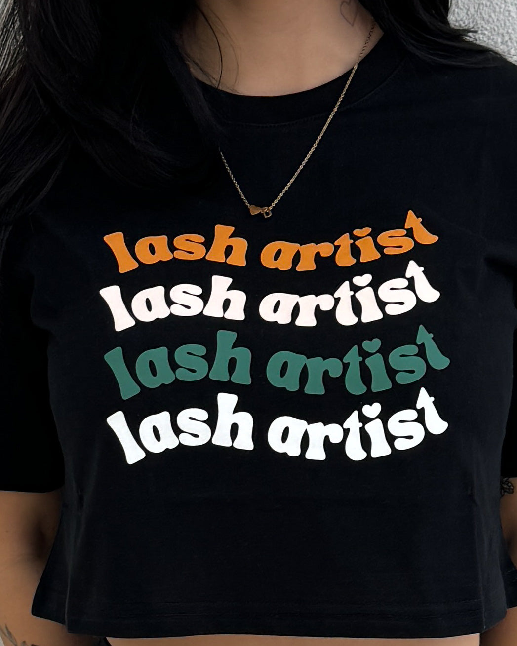 Lash Artist Fall Tee in black, close up of the lash artist print