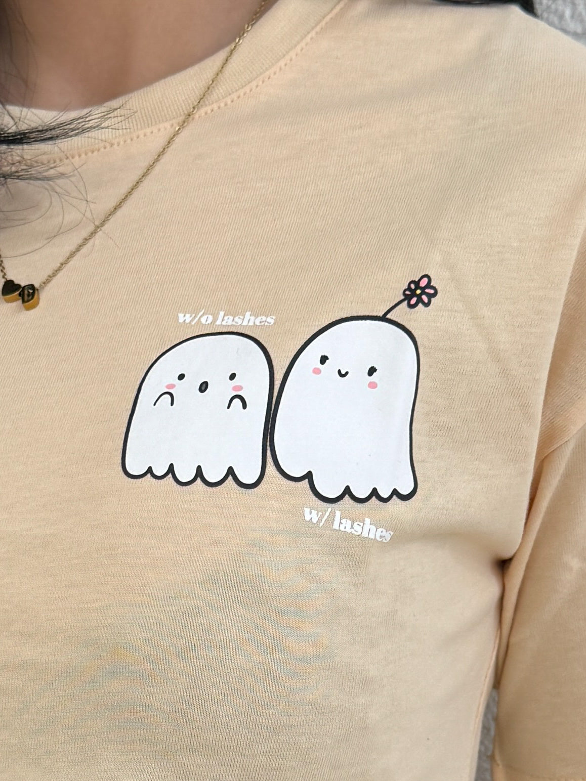 Lash Ghosts Fall Tee, close up of the ghost print