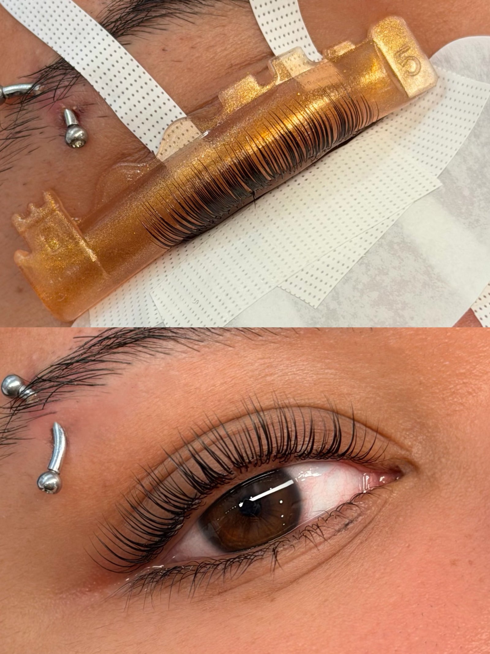 Majestie M curl rod in gold during a lash lift, with the result