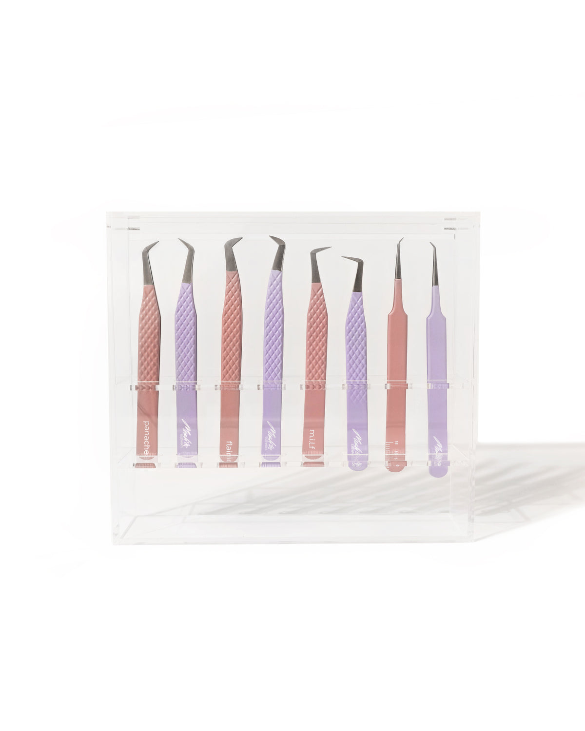 Acrylic Lash Tweezer Stand holding lash tweezers, front view