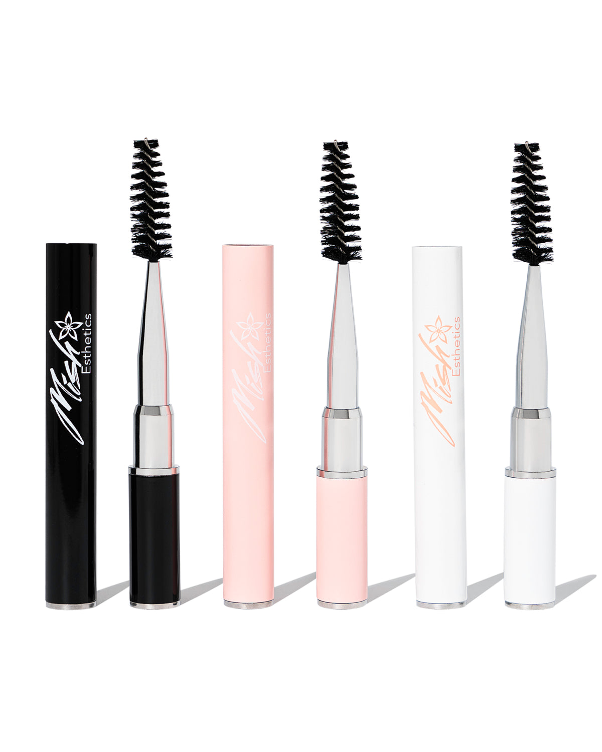 Vibrant Lash Spoolies in black, pink and white with caps