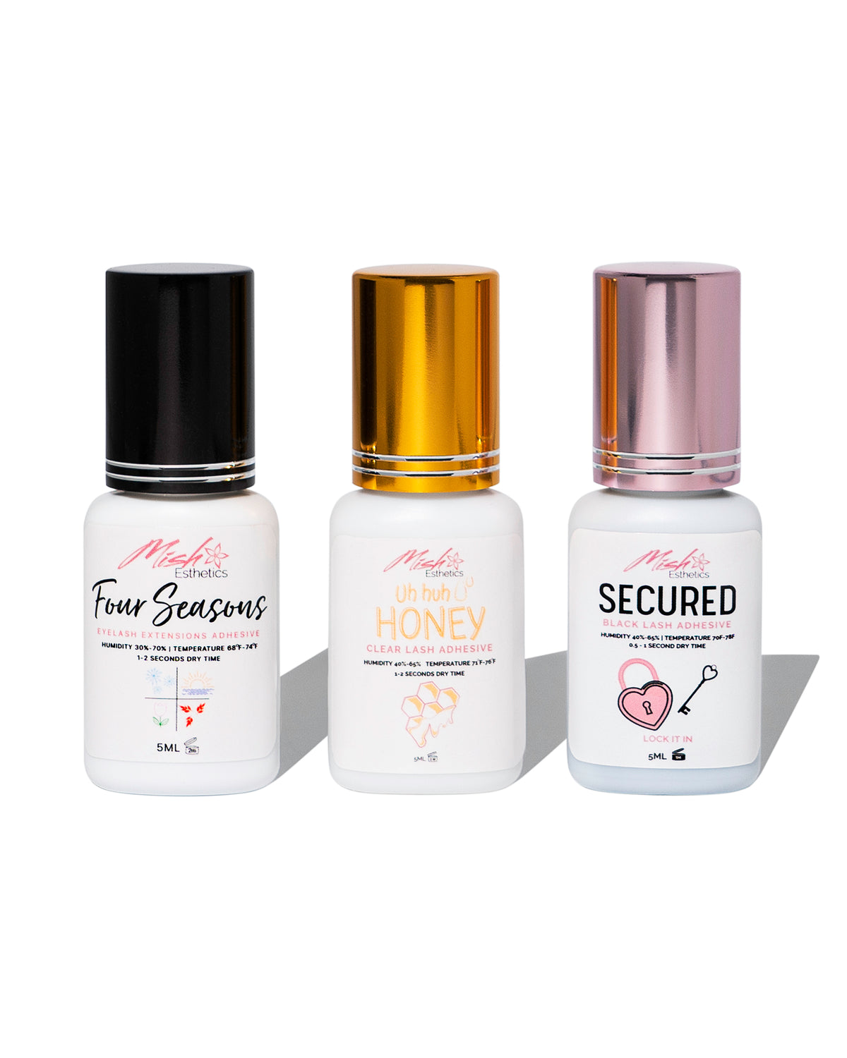 Three of a Kind Adhesives, Four Seasons, Uh Huh Honey and Secured bottles