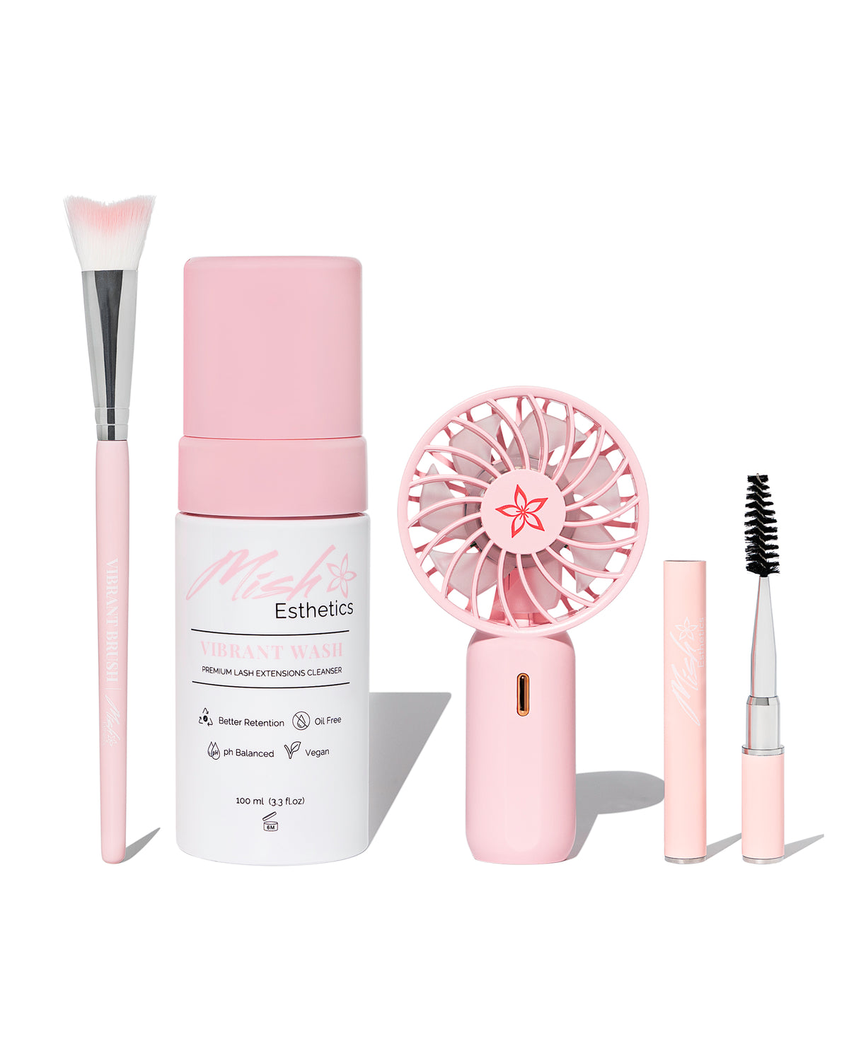 Vibrant Lash Cleansing Kit in pink with brush, cleanser, fan and spoolie